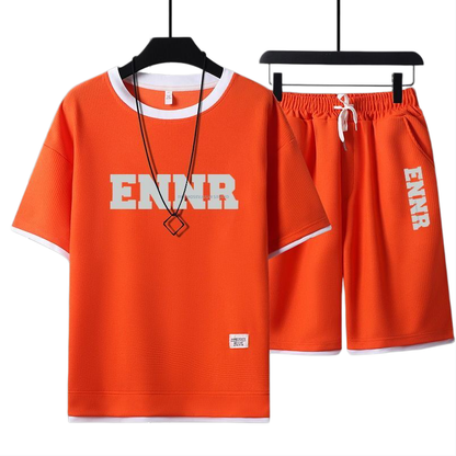 男女兼用 プリント 配色 Tシャツ & ショーツ セットアップ U-80090