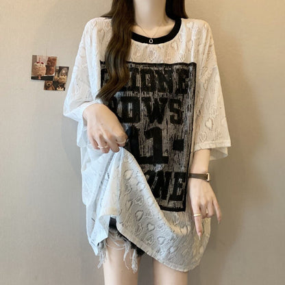 超人気 アバンギャルド 絶対流行 レース プリント全2色 半袖Tシャツ<U-8798>