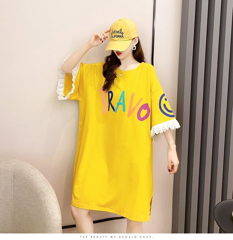夏新作 アルファベット オーバーサイズ フリル プリントTシャツ 三色 ゆったり半袖＜U-3009＞