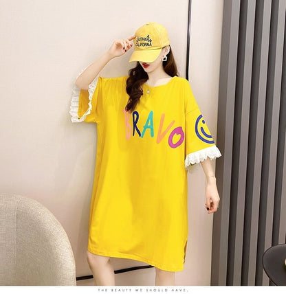 夏新作 アルファベット オーバーサイズ フリル プリントTシャツ 三色 ゆったり半袖＜U-3009＞