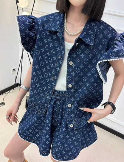 大好評 ファッション 売り切れ必至 2色選択 デニム 半袖 Tシャツ+ 短いスカート セットアップ ＜U-8992＞