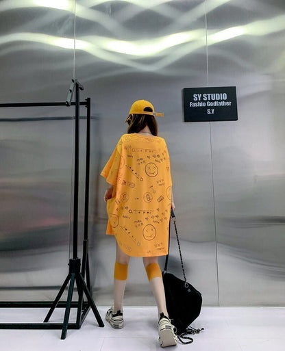 売り切れ必至 ゆったり ファッション感満々 ロング丈 3色半袖Tシャツ＜U-9086＞
