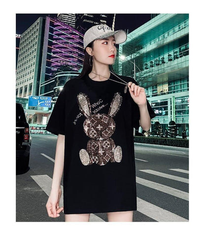 合わせやすい ビジュー ウサギ ロング Tシャツ ゆったり 半袖 ＜U-2887＞