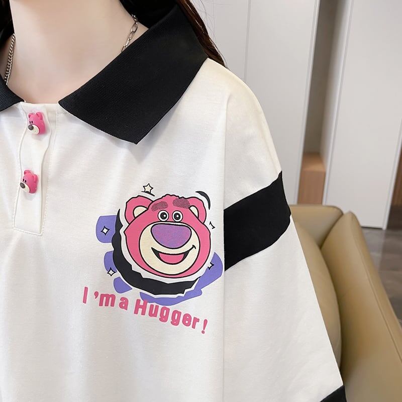 POLOネック 切り替え 熊柄 ロング プリント Tシャツ 二色 ゆったりワンピース ＜U-3020＞