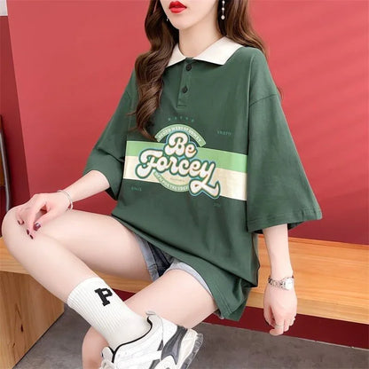 スタイルアップ グラフィック POLOネック ドロップショルダーTシャツ ゆったり半袖 ＜U-3048＞
