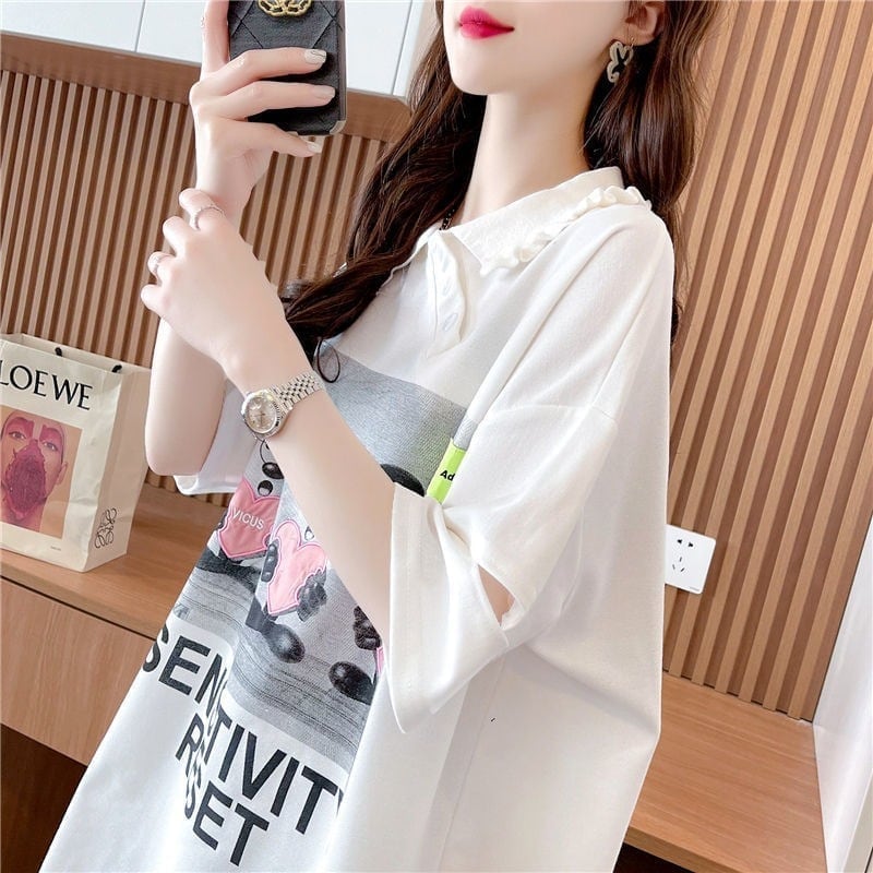 夏新作 アルファベットプリント POLOネック ロング Tシャツ ゆったりワンピース ＜U-3038＞
