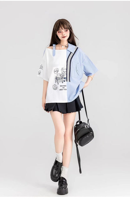 話題沸騰中 キュートストライプ柄 ファッション 切り替え 半袖Tシャツ＜U-8695＞