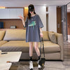 韓国系 プリント ラウンドネック ロング Tシャツ ゆったり半袖 ＜U-2988＞