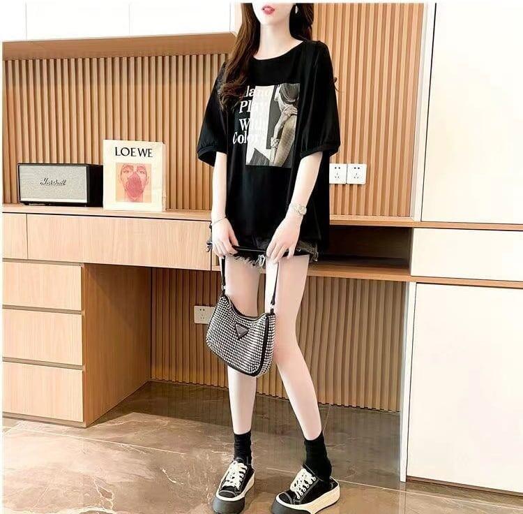 新作 リボン レース プリントTシャツ 白黒 ＜U-2844＞