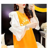 女子力アップ アルファベット パフスリーブ プリント ロングTシャツ ゆったりワンピース ＜U-3054＞