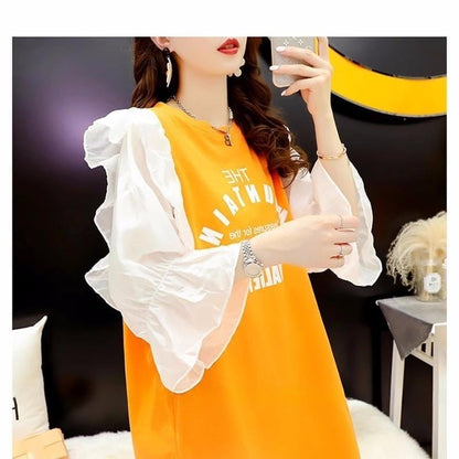女子力アップ アルファベット パフスリーブ プリント ロングTシャツ ゆったりワンピース ＜U-3054＞