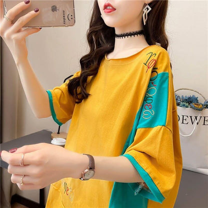 韓国風漫画刺繍ワッペン半袖Tシャツ<U-2991>