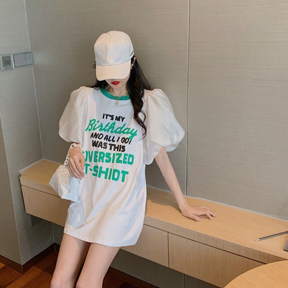 話題沸騰中 パフスリーブ ファッション プリント 全2色 半袖 Tシャツ <U-8662>