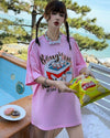 着せ ゆったり ビッグロゴ ロングTシャツ 半袖 ワンピース<U-4859>