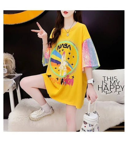 大好評 プリントTシャツ スパンコール切り替え ゆったり半袖＜U-2890＞