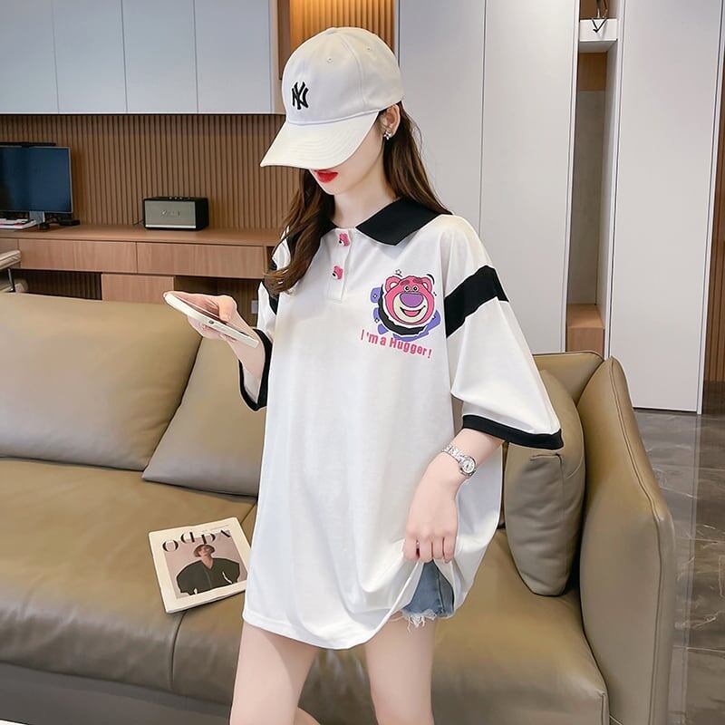 POLOネック 切り替え 熊柄 ロング プリント Tシャツ 二色 ゆったりワンピース ＜U-3020＞