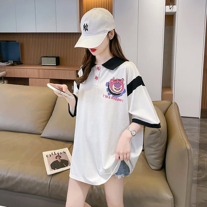 POLOネック 切り替え 熊柄 ロング プリント Tシャツ 二色 ゆったりワンピース ＜U-3020＞