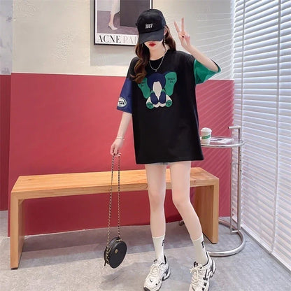 気質漫画カラーマッチング偽ツーピース半袖Tシャツ<U-2997>