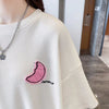 可愛いピンク月柄 Tシャツ 刺?入り 丸襟 半袖＜U-2832＞