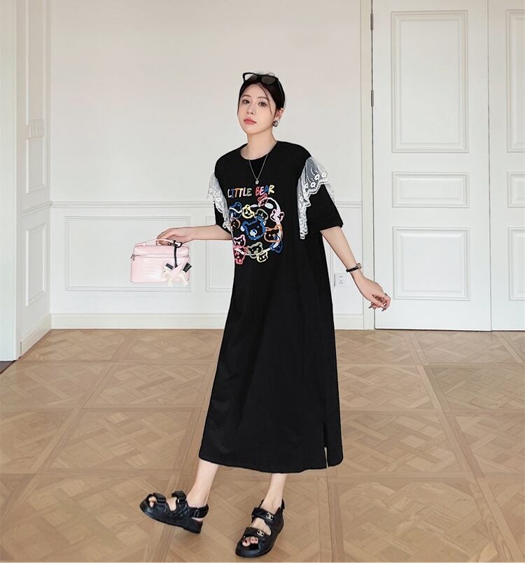 おすすめ レース ファッション 切り替え プリント Tシャツ カットソー ワンピース＜U-8535＞
