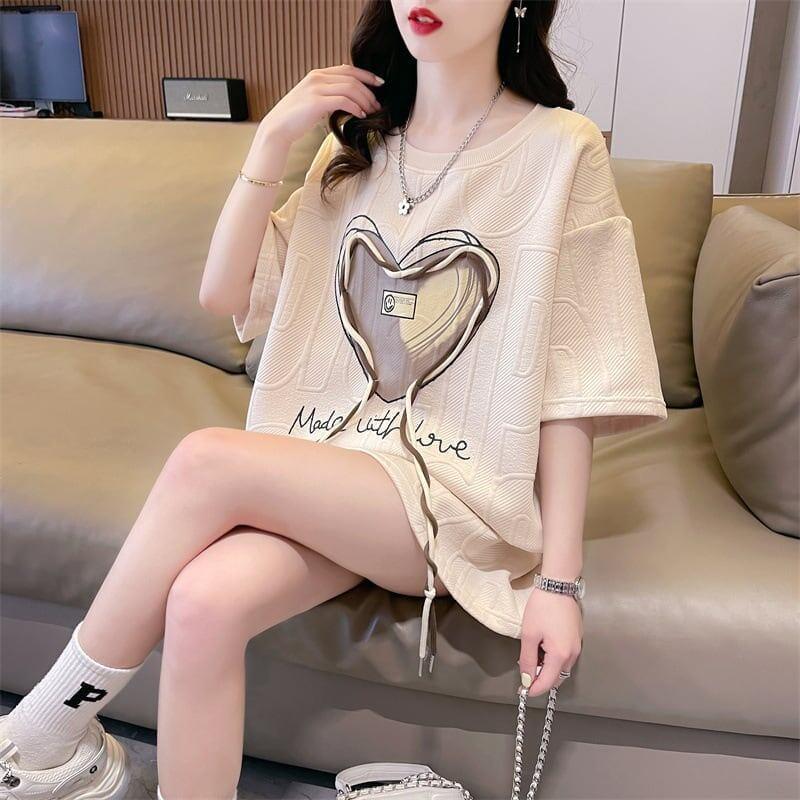 着心地良い ハート 立体風 プリントTシャツ 三色 ゆったり半袖＜U-2933＞