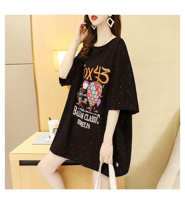 好感度UP プリント バックオープン ロング Tシャツ ブラック ゆったり ワンピース＜U-3001＞