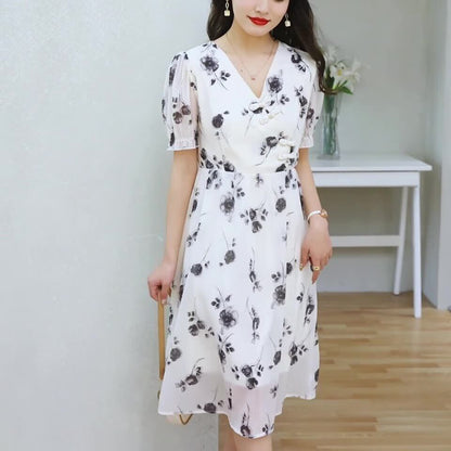 今季マストバイ シフォン ファッション 花柄 半袖ワンピース<U-8452>