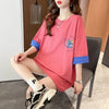 韓国系 ドロップショルダープリント ラウンドネック ロング Tシャツ 三色 ゆったり半袖＜U-3011＞