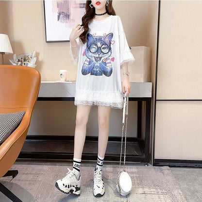 好感度満載 プリント 美感いっぱい Tシャツ カットソー ワンピース＜U-3428＞