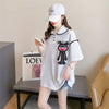 美人度アップ 折り襟 ワッフル ぬいぐるみ付き ロング Tシャツ ゆったり半袖 ＜U-2930＞