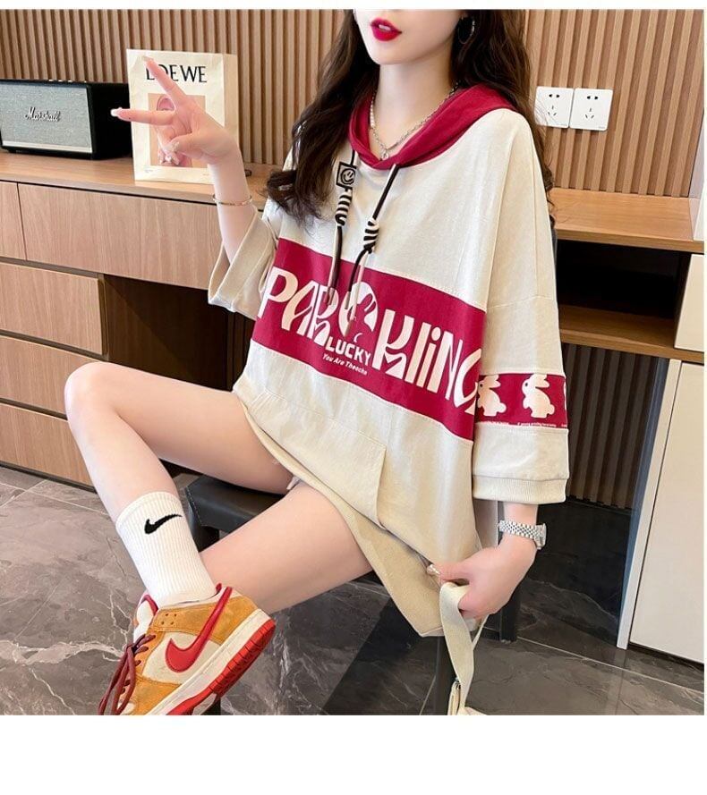 【半額！期間限定！！】大人気 ウサギちゃん 切り替え プリント 配色 ロング半袖パーカー＜U-4004＞