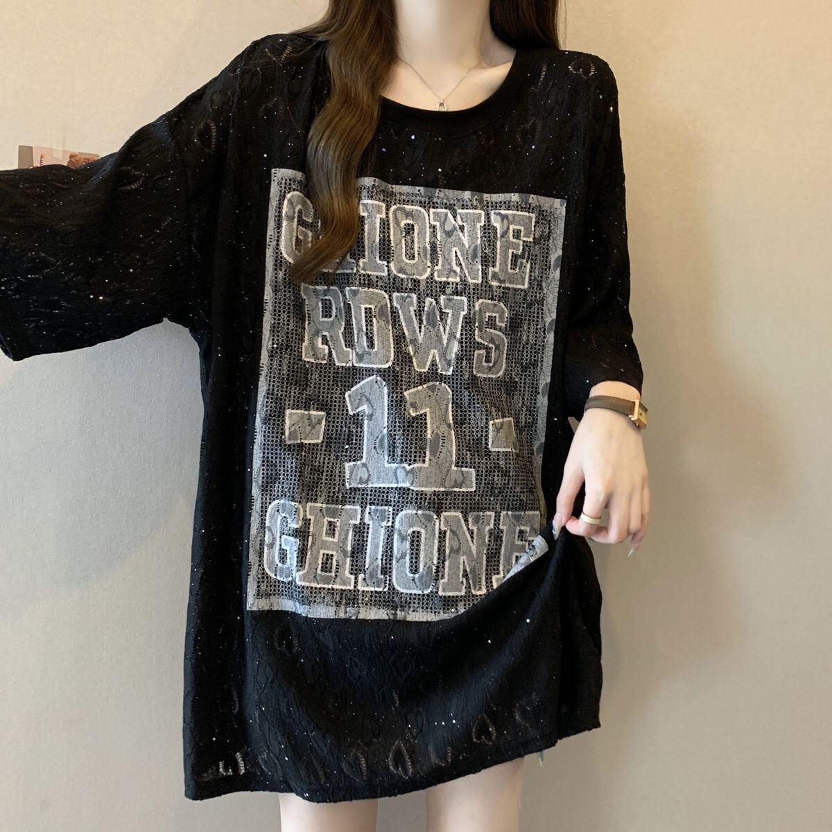 超人気 アバンギャルド 絶対流行 レース プリント全2色 半袖Tシャツ<U-8798>