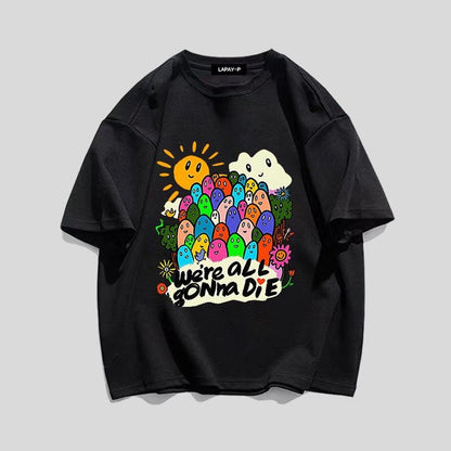 スタイルアップ効果抜群 キュート カジュアル ルーズ プリント全6色 半袖Tシャツ<U-8970>