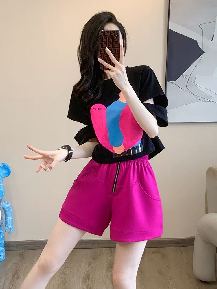 着回し力抜群 上質 好感度UP プリント 半袖Ｔシャツ ショートパンツ セットアップ <U-8859>