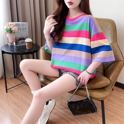 新商品 ストライプ柄 定番シンプル Tシャツ ゆったり半袖＜U-8700＞