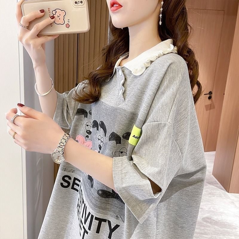 夏新作 アルファベットプリント POLOネック ロング Tシャツ ゆったりワンピース ＜U-3038＞