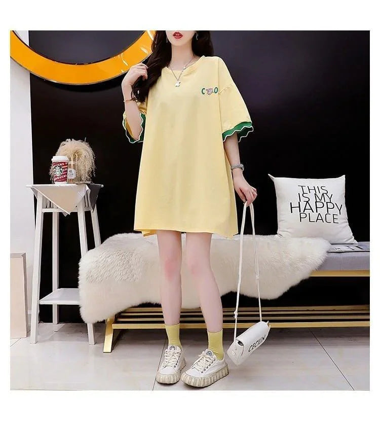 アルファベット プリント ドロップショルダー ロングTシャツ ゆったり＜U-2888＞