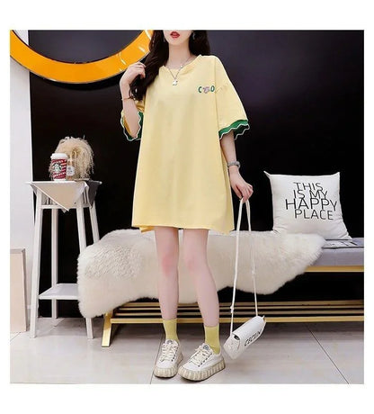 アルファベット プリント ドロップショルダー ロングTシャツ ゆったり＜U-2888＞
