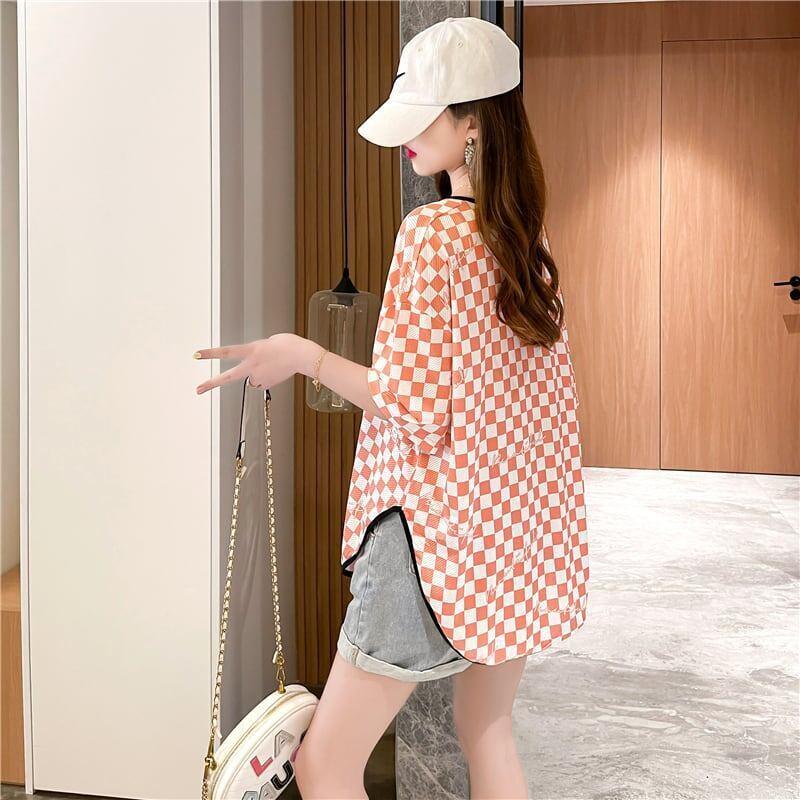好感度満載 ラウンドネック 女性力を高める チェック柄 Tシャツ カットソー＜U-2985＞