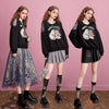 ファッショングラフィックプリントブラックスウェット長袖Ｔシャツ<U-4281>