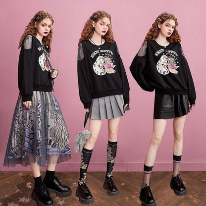 ファッショングラフィックプリントブラックスウェット長袖Ｔシャツ<U-4281>