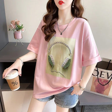 着心地良い Tシャツ ビジュー 四色 ゆったり半袖＜U-2994＞