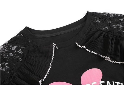 レースステッチアイスシルクニットルーズラビットプリント半袖Tシャツ<U-5038>