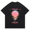 夏新作 プリントTシャツ 夕日 黒 ゆったり半袖＜U-2959＞