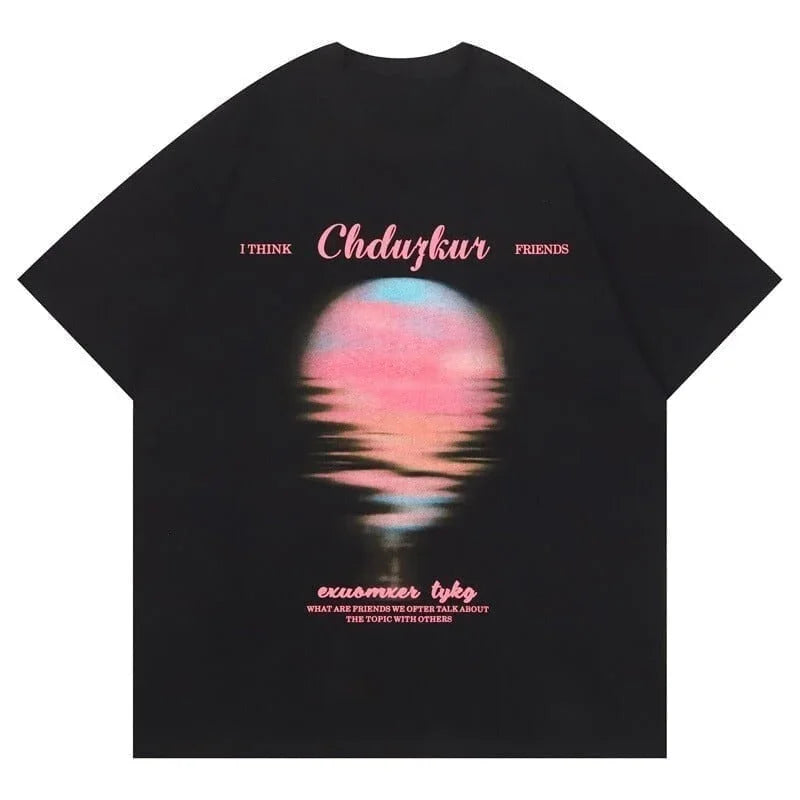夏新作 プリントTシャツ 夕日 黒 ゆったり半袖＜U-2959＞