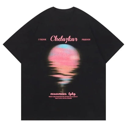 夏新作 プリントTシャツ 夕日 黒 ゆったり半袖＜U-2959＞
