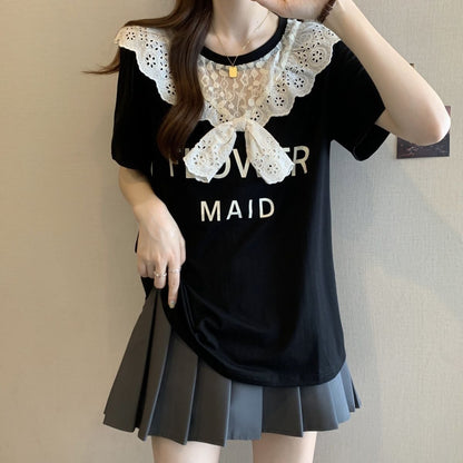 超人気 レース スウィート 切り替え プリント 3色選択 半袖Tシャツ＜U-8825＞