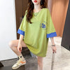 韓国系 ドロップショルダープリント ラウンドネック ロング Tシャツ 三色 ゆったり半袖＜U-3011＞