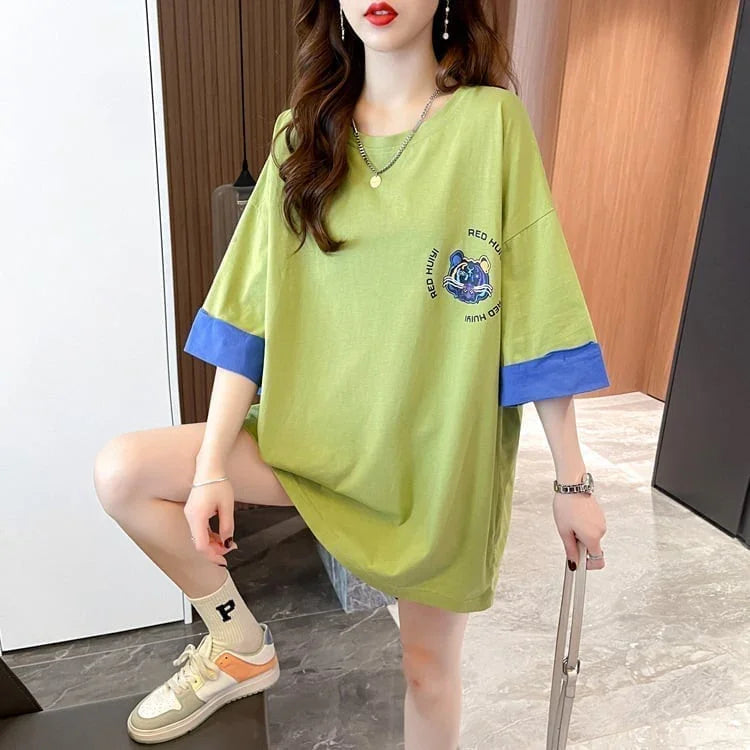 韓国系 ドロップショルダープリント ラウンドネック ロング Tシャツ 三色 ゆったり半袖＜U-3011＞