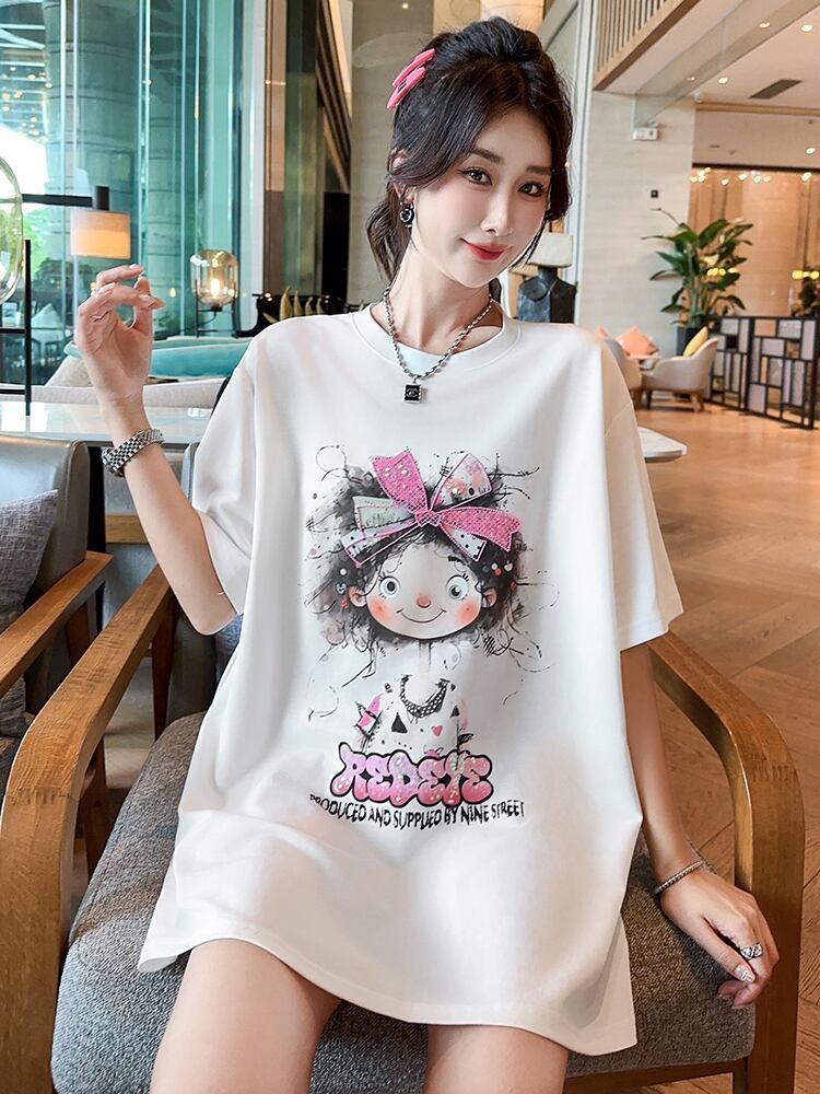 好感度UP ピンク カジュアル プリント スパンコール プリント ゆったり 半袖 Tシャツ＜U-8705＞